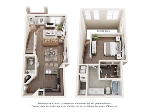 Floor plan for 1 bed, 1.5 baths, 978 sqft